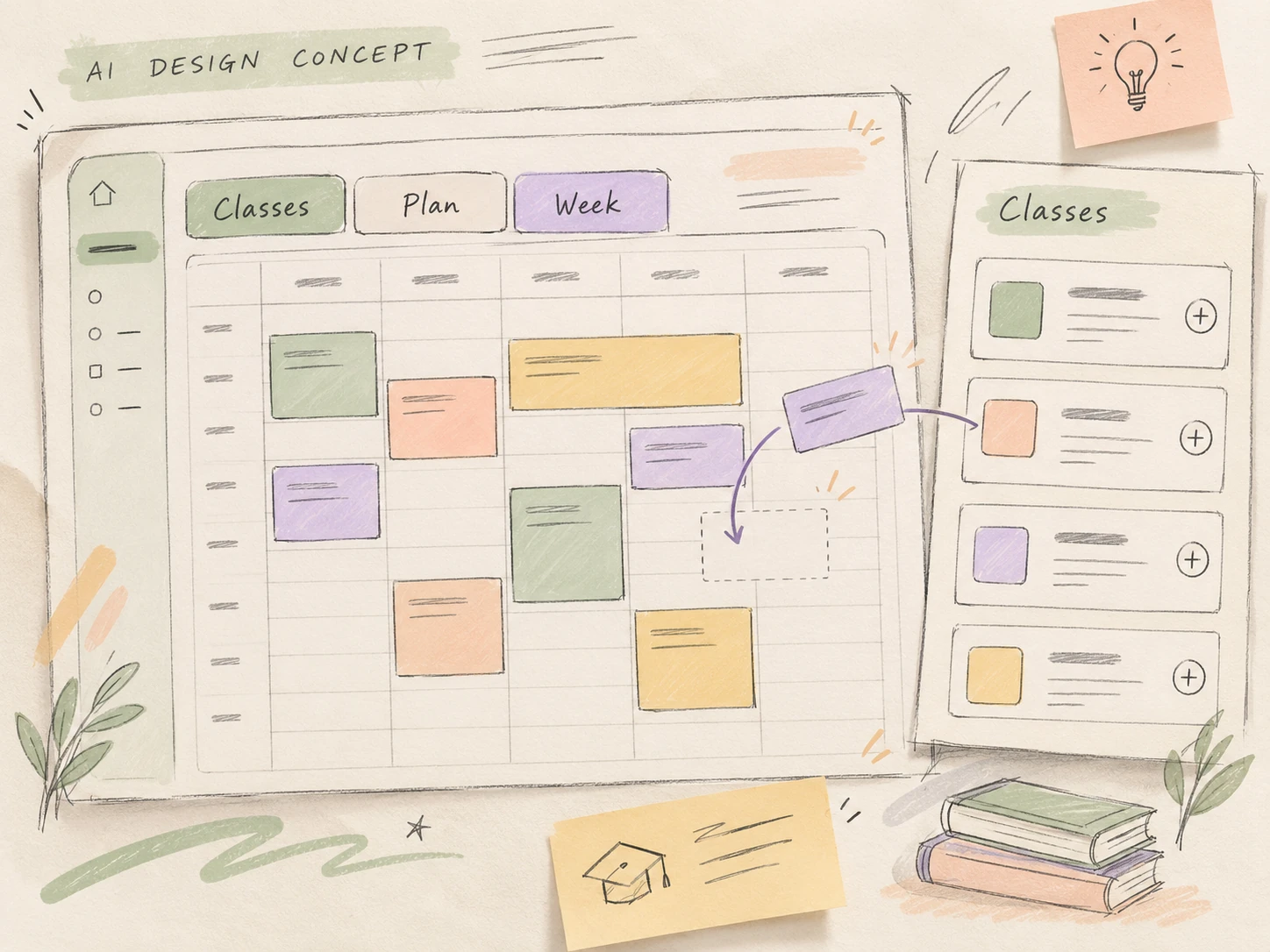 Colorful AI-generated UX draft connecting ClassWolf courses, teachers and schedules