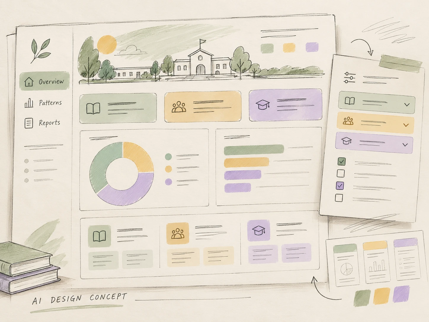 Colorful AI-generated UX concept draft for ClassWolf reporting