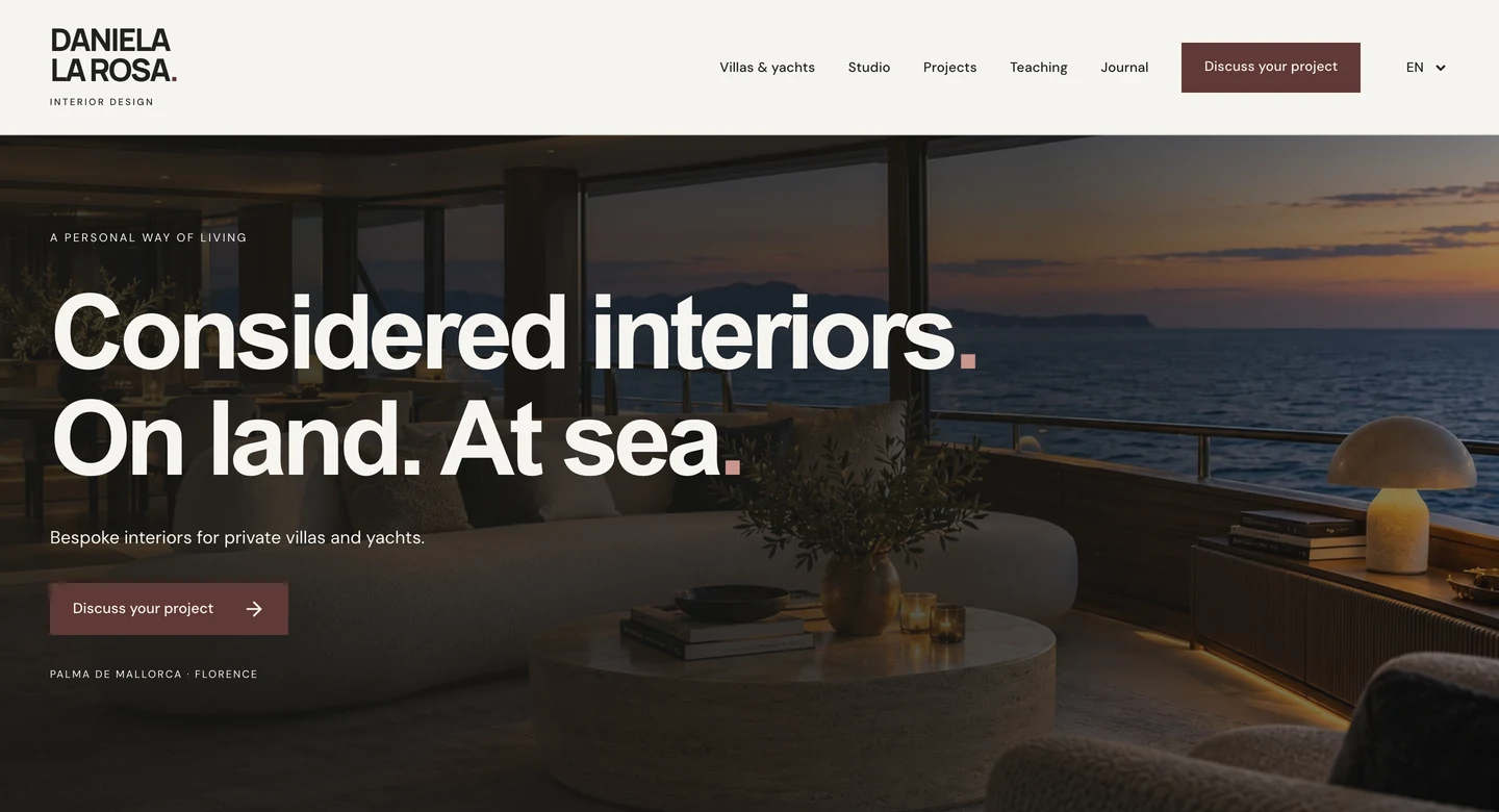 Desktop homepage with the Daniela La Rosa wordmark, cinematic interior and project enquiry
