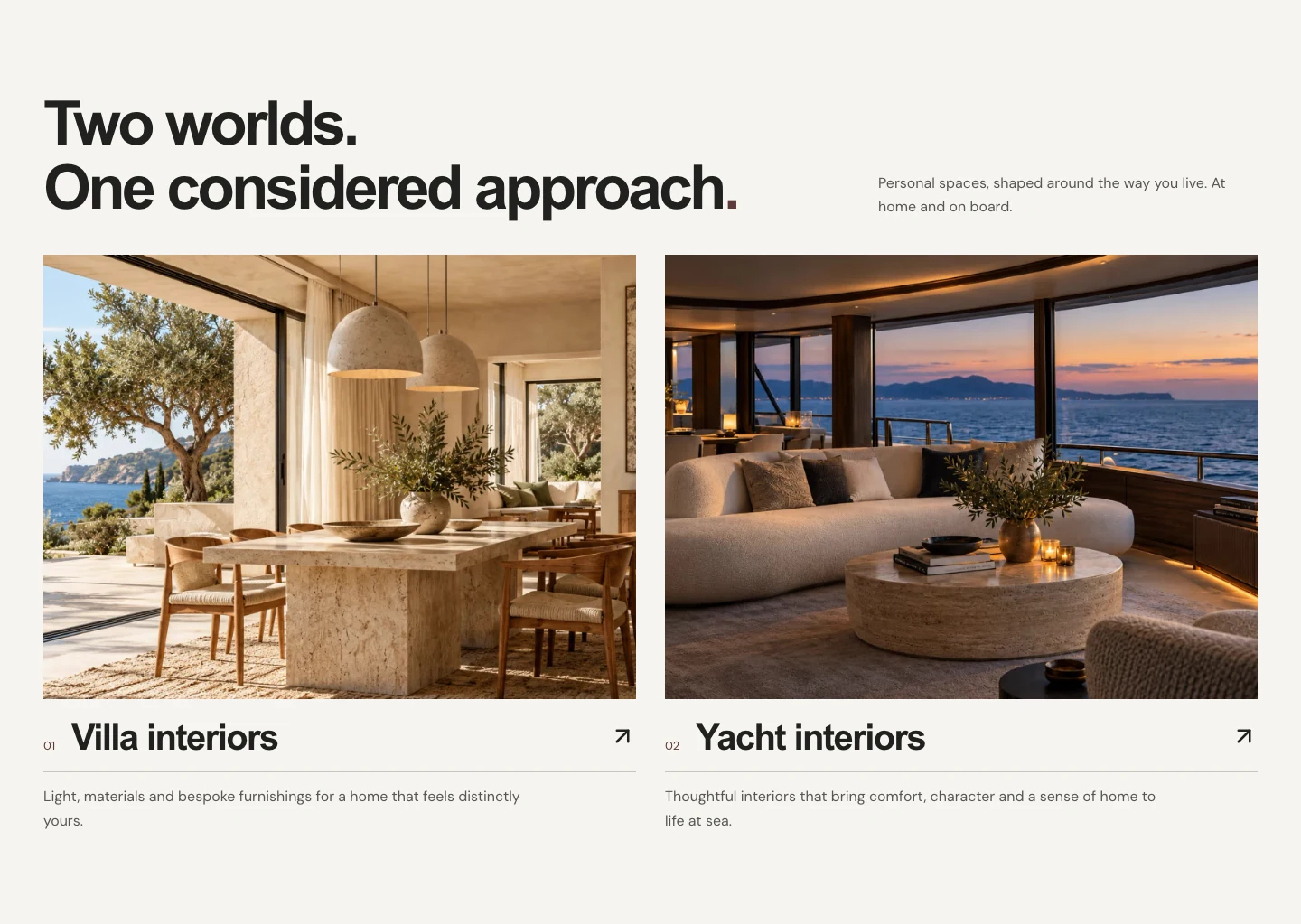 Two editorial service entries for villa and yacht interiors