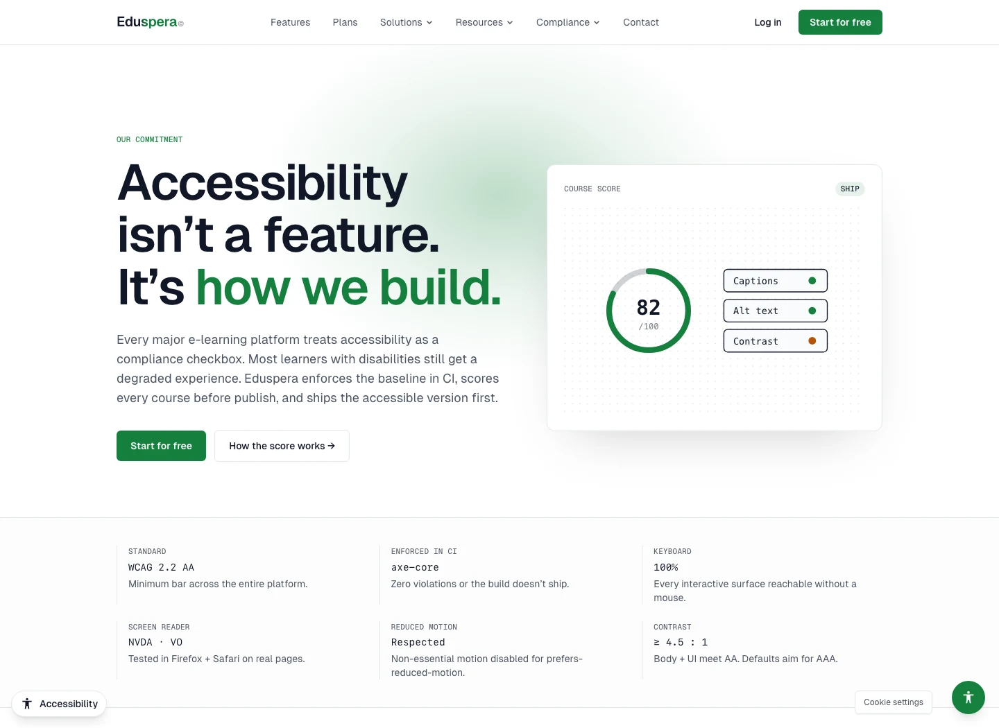EduSpera accessibility page describing inclusive learning features