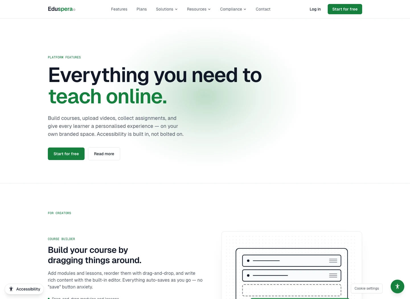 EduSpera features page showing course creation and learning tools