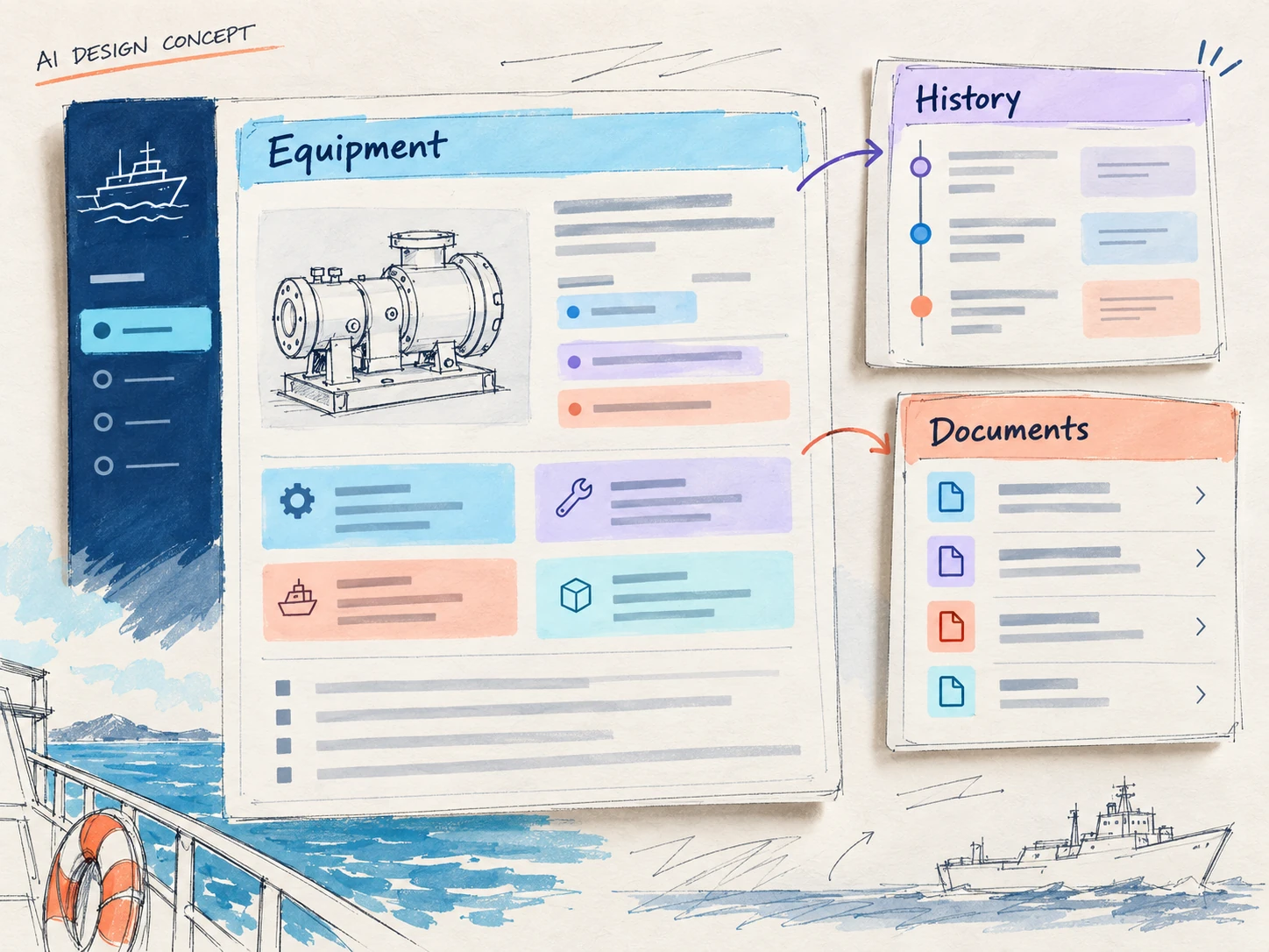AI-generated colourful concept draft exploring equipment information and relationships