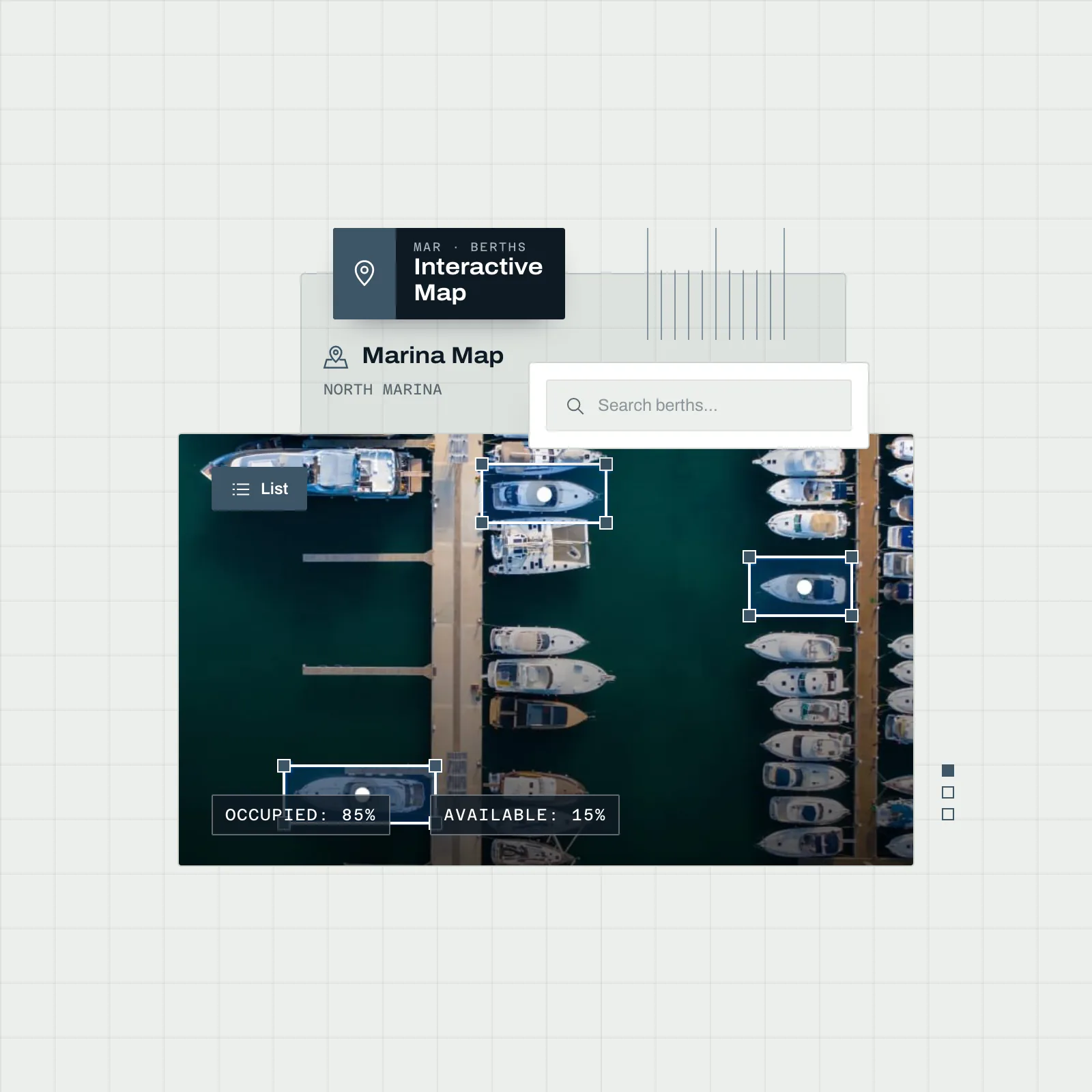 Illustrative composition of a marina berth map with availability indicators